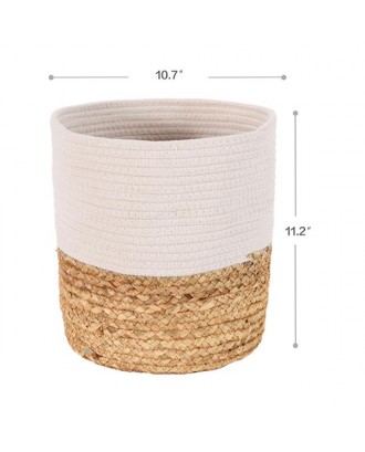 Cotton Rope Plant Basket with Water Hyacinth Modern Indoor Planter Up to 10 Inch Pot Woven Storage Organizer with Handles Home Decor, 11" x 11"
