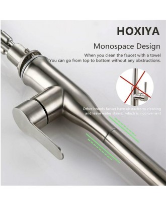 HOXIYA 3-Modes Stainless Steel Kitchen Faucet with Brushed Nickel，Single Handle Commercial High Arc Pull Out Spray Head Kitchen Sink Faucets