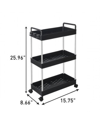 Rolling Storage Cart 3-Tier Mobile Shelving Unit Bathroom Carts with Handle for Kitchen Bathroom Laundry Room,Black
