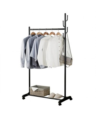2-in-1 Coat Rack Rolling Garment Rack with Bottom Shelves-Black