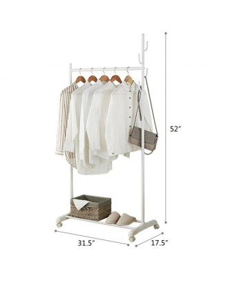 2-in-1 Coat Rack Rolling Garment Rack with Bottom Shelves-White