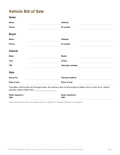Preview of the first page of Vehicle bill of sale (PDF/DOCX)