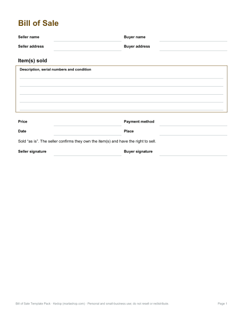 Preview of the first page of General bill of sale (PDF/DOCX)